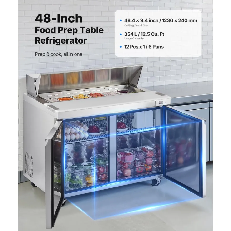 VEVOR 48"W Commercial Refrigerator, 12.5 Cu. Ft Sandwich Prep Refrigerated Table, Mega Top Food Prep Fridge with 12 Pans and Cutting Board, Stainless Steel Salad Prep Cooler for Restaurant, Food Truck