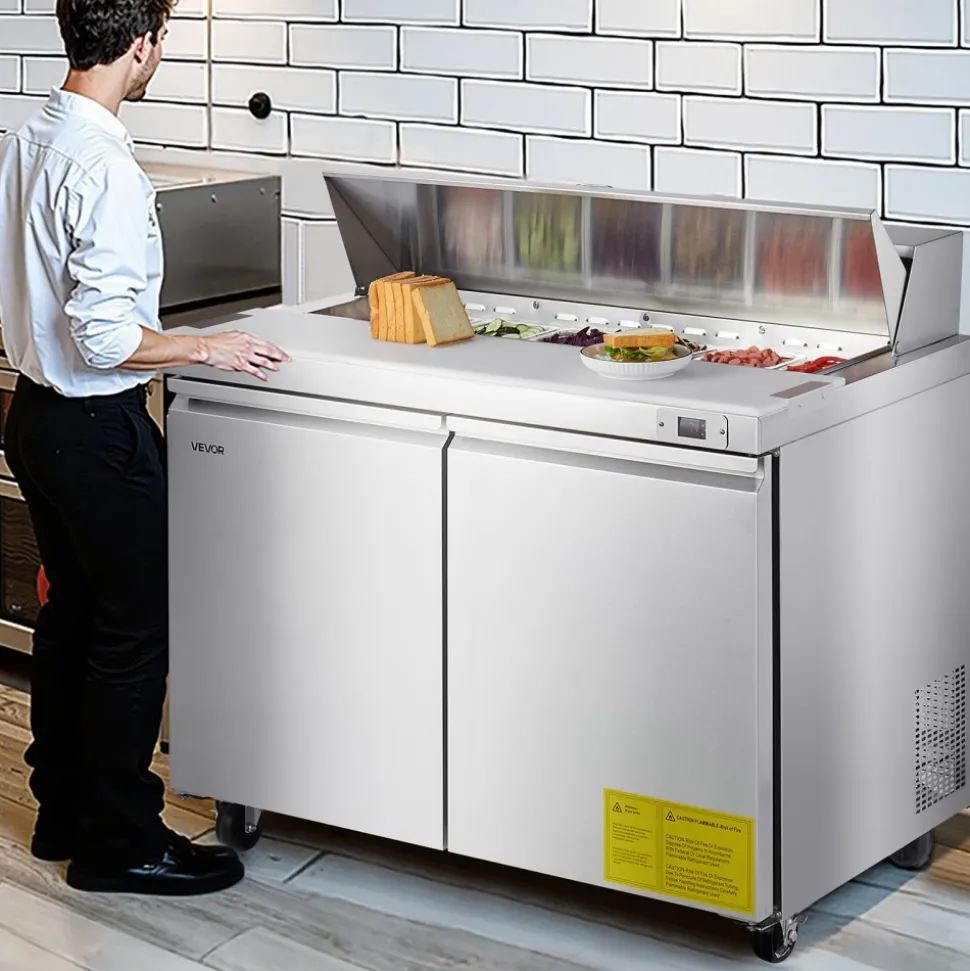 VEVOR 48"W Commercial Refrigerator, 12.5 Cu. Ft Sandwich Prep Refrigerated Table, Mega Top Food Prep Fridge with 12 Pans and Cutting Board, Stainless Steel Salad Prep Cooler for Restaurant, Food Truck