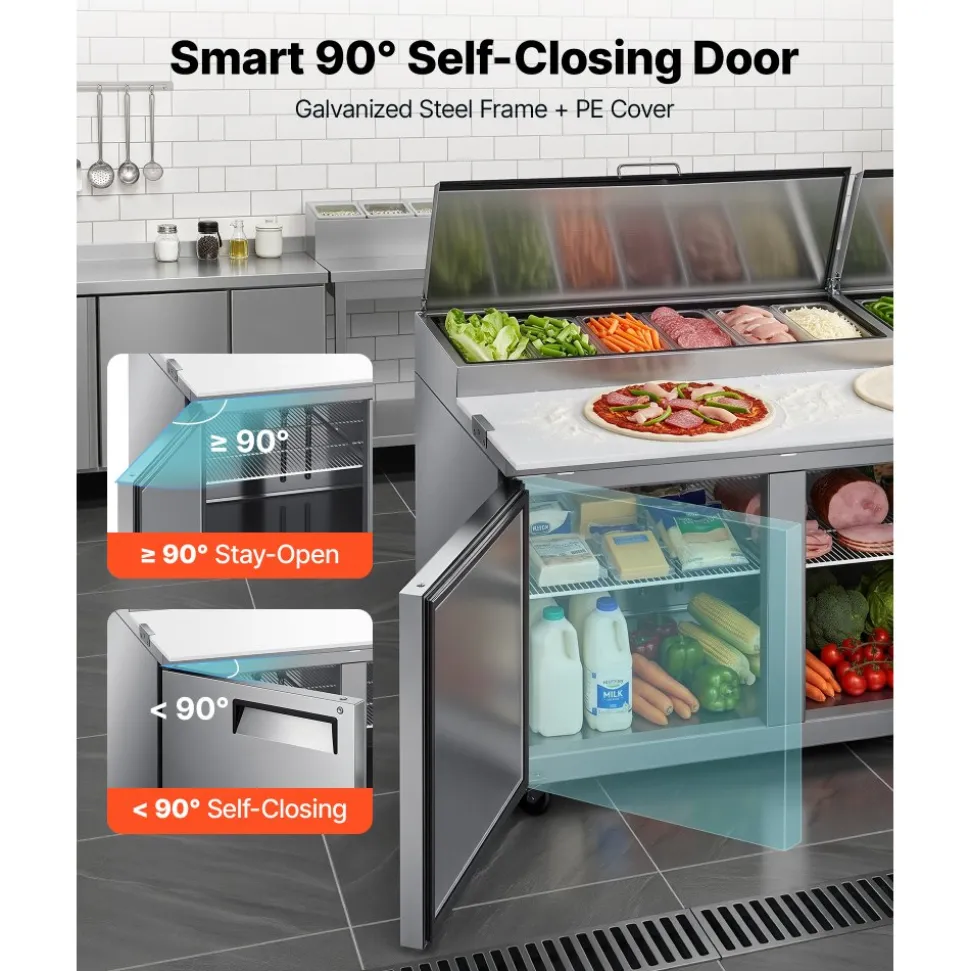 VEVOR 67"W Commercial Refrigerator 19.4 Cu. Ft Pizza Prep Table Fridge, 19" Ultra Wide Cutting Board Salad Refrigerated Worktop, Mega Top Stainless Steel Food Prep Cooler, 9 x 1/3 Pans with Lids