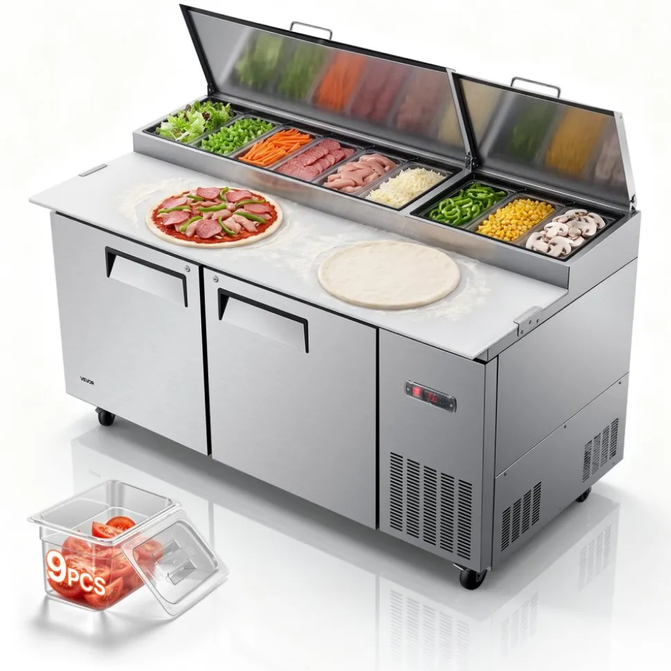 VEVOR 67"W Commercial Refrigerator 19.4 Cu. Ft Pizza Prep Table Fridge, 19" Ultra Wide Cutting Board Salad Refrigerated Worktop, Mega Top Stainless Steel Food Prep Cooler, 9 x 1/3 Pans with Lids