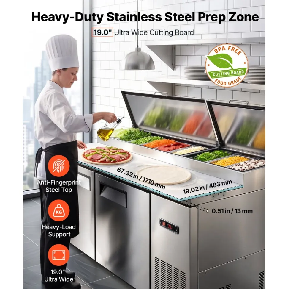 VEVOR 67"W Commercial Refrigerator 19.4 Cu. Ft Pizza Prep Table Fridge, 19" Ultra Wide Cutting Board Salad Refrigerated Worktop, Mega Top Stainless Steel Food Prep Cooler, 9 x 1/3 Pans with Lids