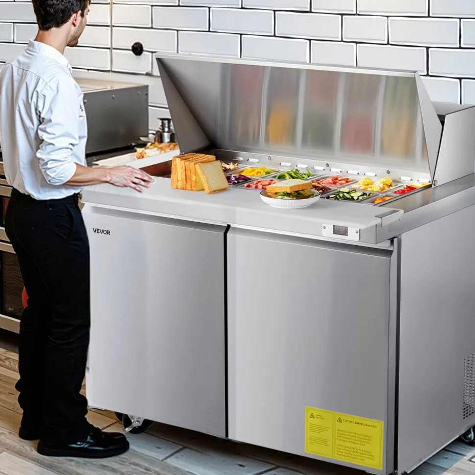 VEVOR 48"W Commercial Refrigerator, 12.5 Cu. Ft Sandwich Prep Refrigerated Table, Mega Top Food Prep Fridge with 18 Pans and Cutting Board, Stainless Steel Salad Prep Cooler for Restaurant, Food Truck