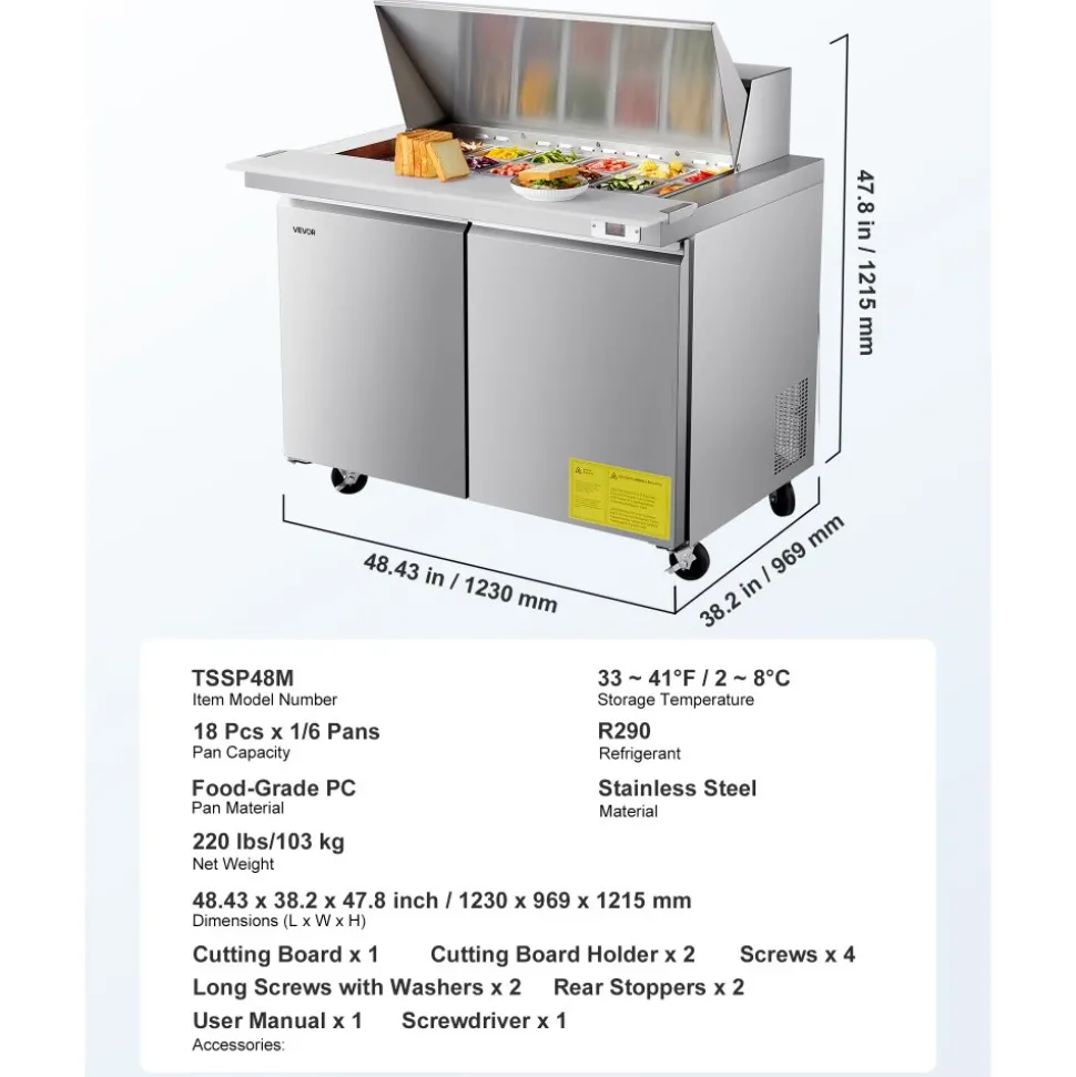 VEVOR 48"W Commercial Refrigerator, 12.5 Cu. Ft Sandwich Prep Refrigerated Table, Mega Top Food Prep Fridge with 18 Pans and Cutting Board, Stainless Steel Salad Prep Cooler for Restaurant, Food Truck