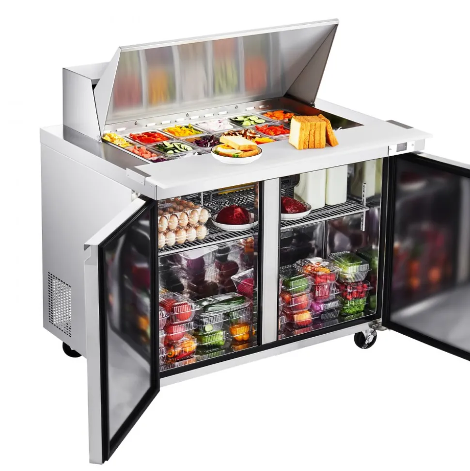 VEVOR 48"W Commercial Refrigerator, 12.5 Cu. Ft Sandwich Prep Refrigerated Table, Mega Top Food Prep Fridge with 18 Pans and Cutting Board, Stainless Steel Salad Prep Cooler for Restaurant, Food Truck