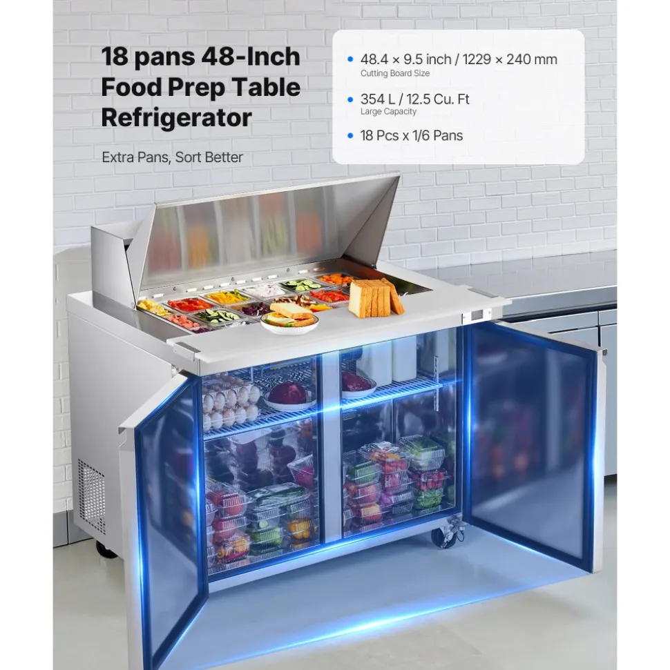 VEVOR 48"W Commercial Refrigerator, 12.5 Cu. Ft Sandwich Prep Refrigerated Table, Mega Top Food Prep Fridge with 18 Pans and Cutting Board, Stainless Steel Salad Prep Cooler for Restaurant, Food Truck