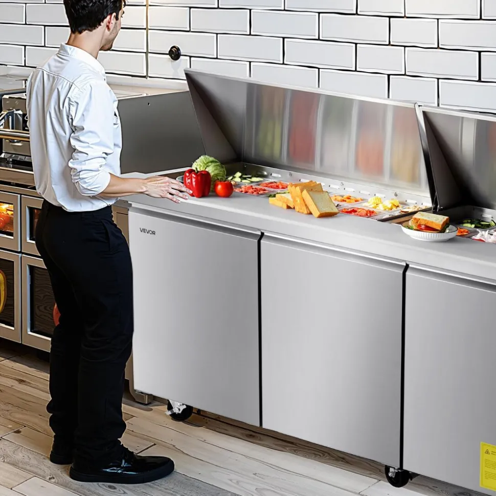 VEVOR 72"W Commercial Refrigerator, 18.7 Cu. Ft Sandwich Prep Refrigerated Table, Mega Top Food Prep Fridge with 30 Pans and Cutting Board, Stainless Steel Salad Prep Cooler for Restaurant, Food Truck