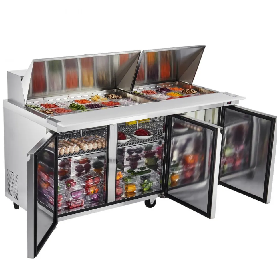 VEVOR 72"W Commercial Refrigerator, 18.7 Cu. Ft Sandwich Prep Refrigerated Table, Mega Top Food Prep Fridge with 30 Pans and Cutting Board, Stainless Steel Salad Prep Cooler for Restaurant, Food Truck