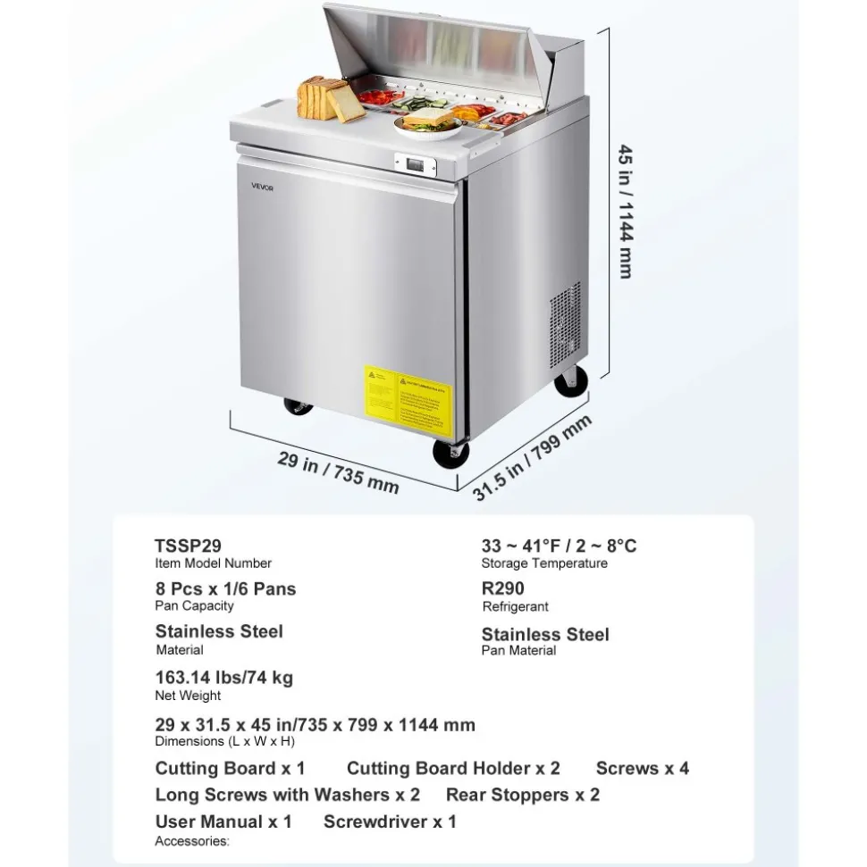 VEVOR 28"W Commercial Refrigerator, 7.1 Cu. Ft Sandwich Prep Refrigerated Table, Mega Top Food Prep Fridge with 8 Pans and Cutting Board, Stainless Steel Salad Prep Cooler for Restaurant, Food Truck