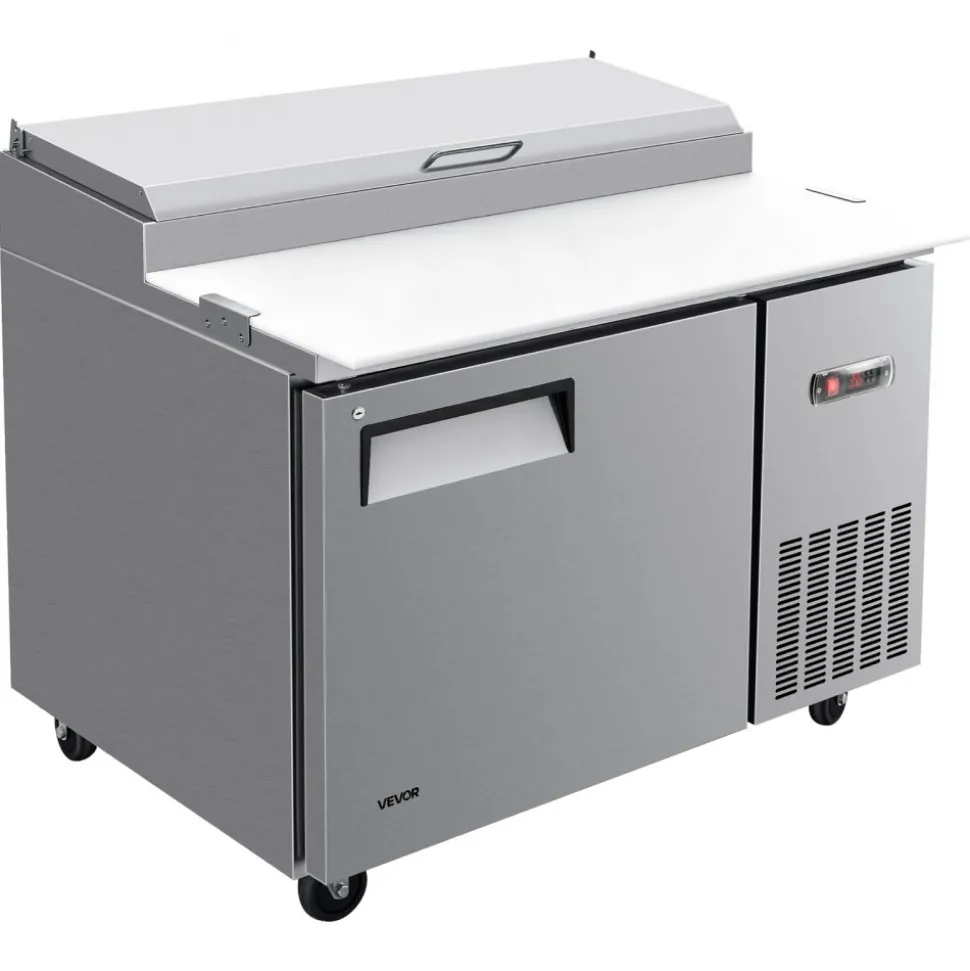 VEVOR 44"W Commercial Refrigerator 10.8 Cu. Ft Pizza Prep Table Fridge, 19" Ultra Wide Cutting Board Salad Refrigerated Worktop, Mega Top Stainless Steel Food Prep Cooler, 6 x 1/3 Pans with Lids