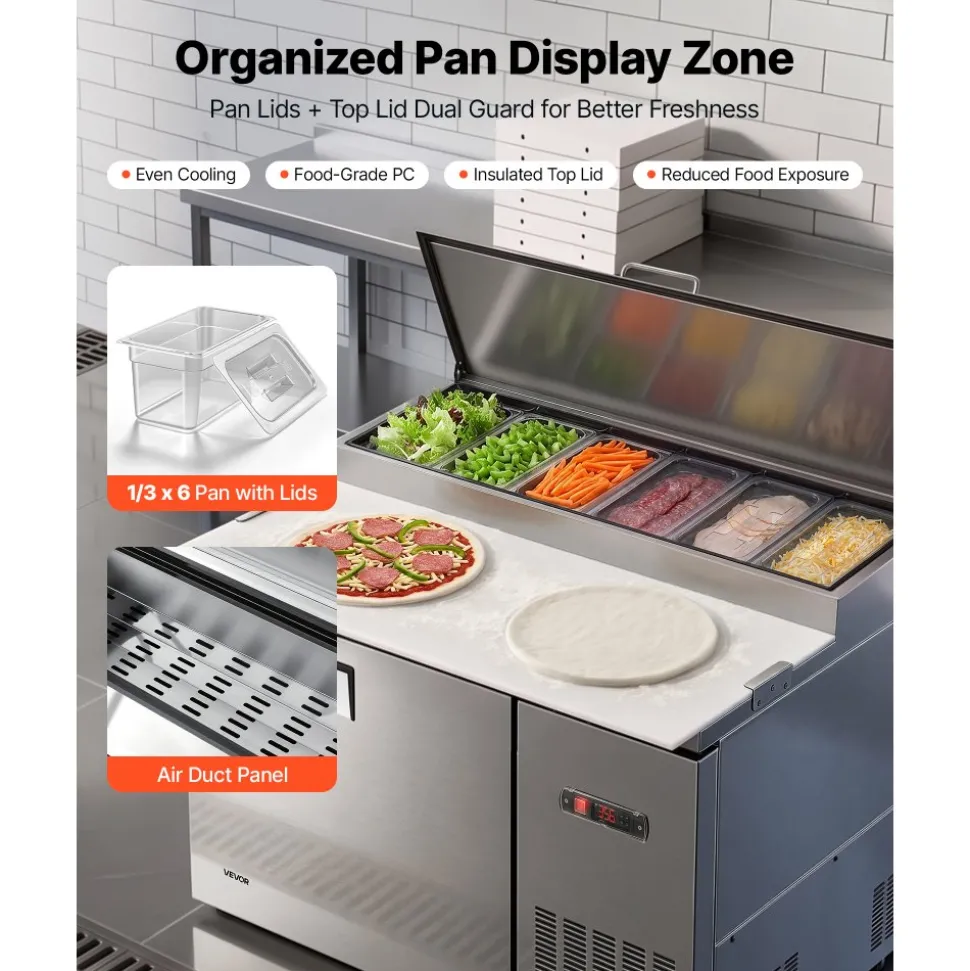 VEVOR 44"W Commercial Refrigerator 10.8 Cu. Ft Pizza Prep Table Fridge, 19" Ultra Wide Cutting Board Salad Refrigerated Worktop, Mega Top Stainless Steel Food Prep Cooler, 6 x 1/3 Pans with Lids
