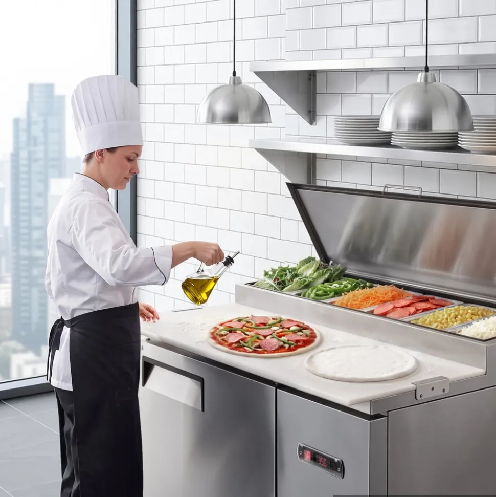 VEVOR 44"W Commercial Refrigerator 10.8 Cu. Ft Pizza Prep Table Fridge, 19" Ultra Wide Cutting Board Salad Refrigerated Worktop, Mega Top Stainless Steel Food Prep Cooler, 6 x 1/3 Pans with Lids