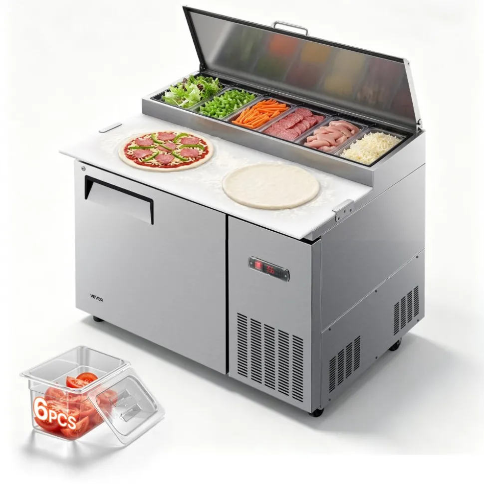 VEVOR 44"W Commercial Refrigerator 10.8 Cu. Ft Pizza Prep Table Fridge, 19" Ultra Wide Cutting Board Salad Refrigerated Worktop, Mega Top Stainless Steel Food Prep Cooler, 6 x 1/3 Pans with Lids