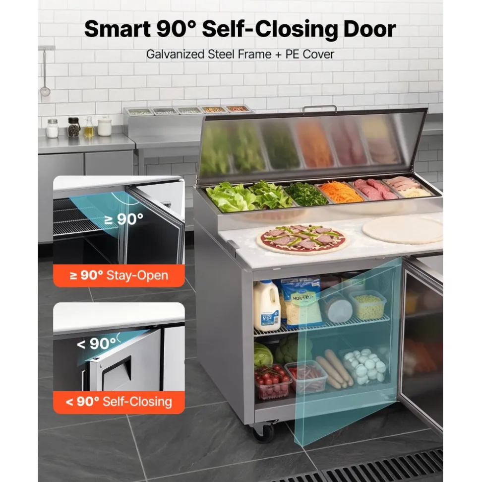 VEVOR 44"W Commercial Refrigerator 10.8 Cu. Ft Pizza Prep Table Fridge, 19" Ultra Wide Cutting Board Salad Refrigerated Worktop, Mega Top Stainless Steel Food Prep Cooler, 6 x 1/3 Pans with Lids
