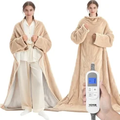 VEVOR Wearable Electric Heated Throw Blanket with Foot Pocket & Sleeves, Portable Robe Snuggie Blankets for Women, 10 Heating Levels, 12H Auto Shut-Off, Machine Washable, 50 x 70 inch, Beige