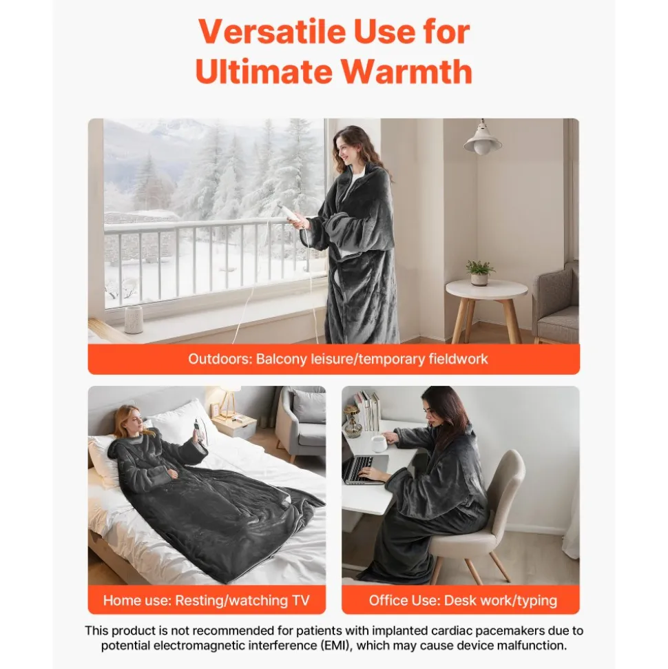 VEVOR Wearable Electric Heated Throw Blanket with Foot Pocket & Sleeves, Portable Robe Snuggie Blankets for Women, 10 Heating Levels, 12H Auto Shut-Off, Machine Washable, 50 x 70 inch, Grey