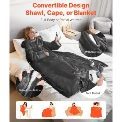 VEVOR Wearable Electric Heated Throw Blanket with Foot Pocket & Sleeves, Portable Robe Snuggie Blankets for Women, 10 Heating Levels, 12H Auto Shut-Off, Machine Washable, 50 x 70 inch, Grey