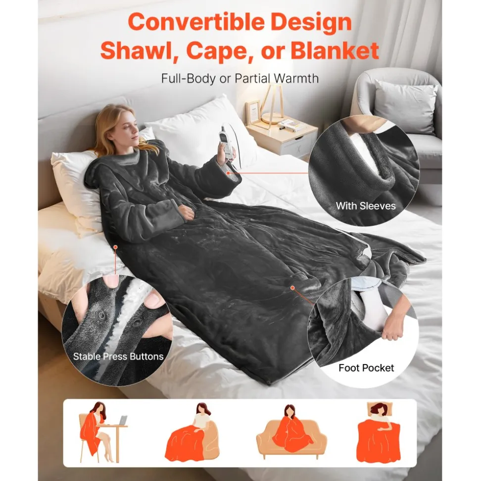 VEVOR Wearable Electric Heated Throw Blanket with Foot Pocket & Sleeves, Portable Robe Snuggie Blankets for Women, 10 Heating Levels, 12H Auto Shut-Off, Machine Washable, 50 x 70 inch, Grey