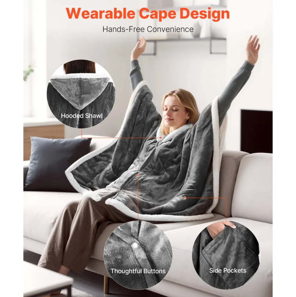 VEVOR Wearable Heated Throw Blanket Electric Shawl, Portable Robe Blanket Hoodie for Women, 5 Heating Levels, 3H Auto Shut-Off, Overheat Protection,Winter for Adult Mom Girlfriend,Machine Washable