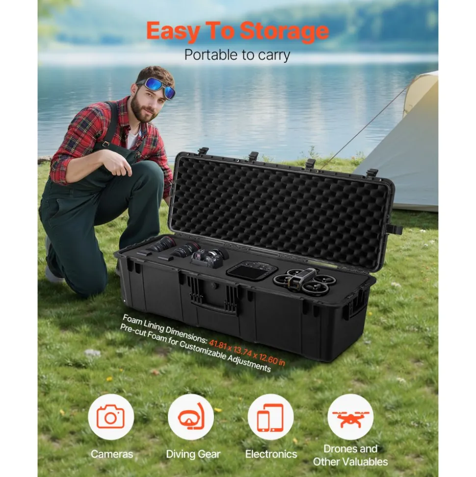 VEVOR Weatherproof Hard Case, Heavy Duty Protective Dry Box Case with Pre-Cut Foam & Retractable Pull Handles for Travel, Hunt, Military, Tactical, IP67 Waterproof Case for Cameras(112x41x34)