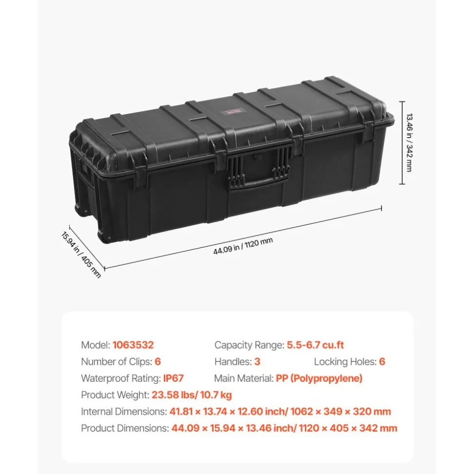 VEVOR Weatherproof Hard Case, Heavy Duty Protective Dry Box Case with Pre-Cut Foam & Retractable Pull Handles for Travel, Hunt, Military, Tactical, IP67 Waterproof Case for Cameras(112x41x34)