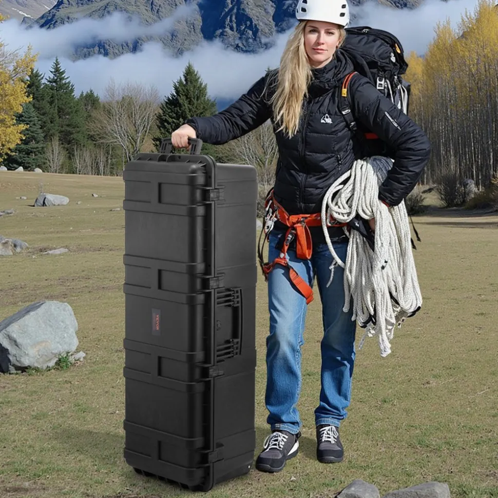 VEVOR Weatherproof Hard Case, Heavy Duty Protective Dry Box Case with Pre-Cut Foam & Retractable Pull Handles for Travel, Hunt, Military, Tactical, IP67 Waterproof Case for Cameras(112x41x34)