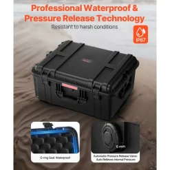 VEVOR Weatherproof Hard Case, Heavy Duty Protective Dry Box Case with Pre-Cut Foam, Wheels & Retractable Pull Handles for Travel, Hunt, Military, Tactical, IP67 Waterproof Case for Cameras(63x50x32)