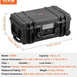 VEVOR Weatherproof Hard Case, Heavy Duty Protective Dry Box Case with Pre-cut Foam, Wheels & Retractable Pull Handles for Travel, Hunt, Military, Tactical, IP67 Waterproof Case for Cameras (64x51x25)