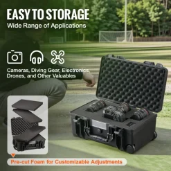 VEVOR Weatherproof Hard Case, Heavy Duty Protective Dry Box Case with Pre-cut Foam, Wheels & Retractable Pull Handles for Travel, Hunt, Military, Tactical, IP67 Waterproof Case for Cameras (64x51x25)