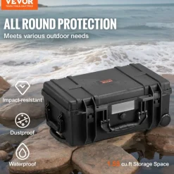 VEVOR Weatherproof Hard Case, Heavy Duty Protective Dry Box Case with Pre-cut Foam, Wheels & Retractable Pull Handles for Travel, Hunt, Military, Tactical, IP67 Waterproof Case for Cameras (64x51x25)