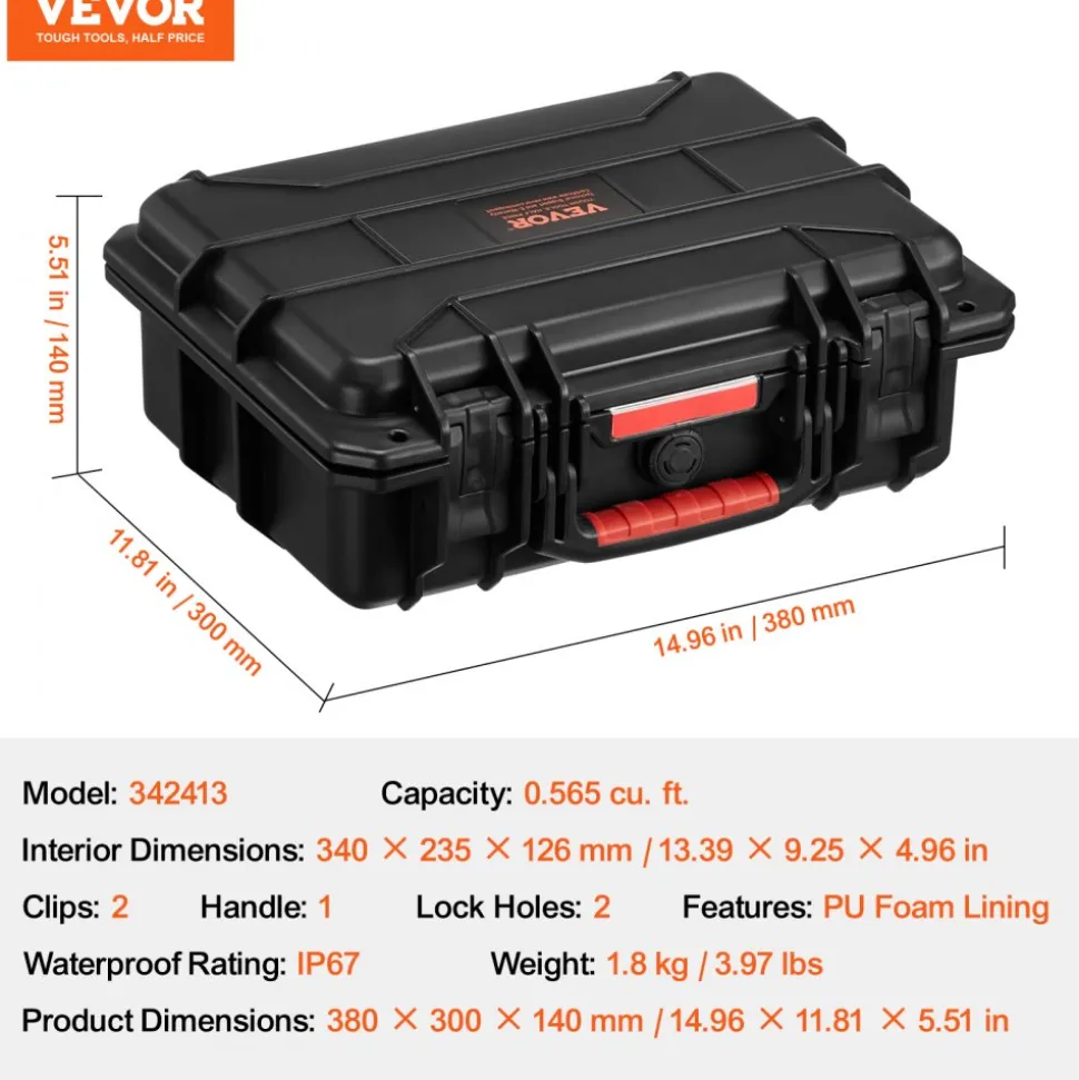 VEVOR Weatherproof Hard Case, Heavy Duty Protective Dry Box Case with Pre-cut Foam, and Retractable Pull Handles for Travel, Hunting, Military, Tactical, IP67 Waterproof Case for Cameras (40x32x16.6)