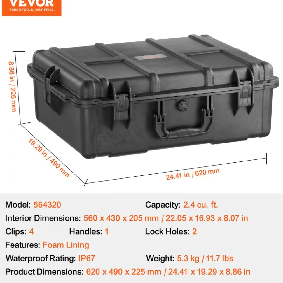 VEVOR Weatherproof Hard Case, Heavy Duty Protective Dry Box Case with Pre-cut Foam, and Retractable Pull Handles for Travel, Hunting, Military, Tactical, IP67 Waterproof Case for Cameras (56.1x37x26)