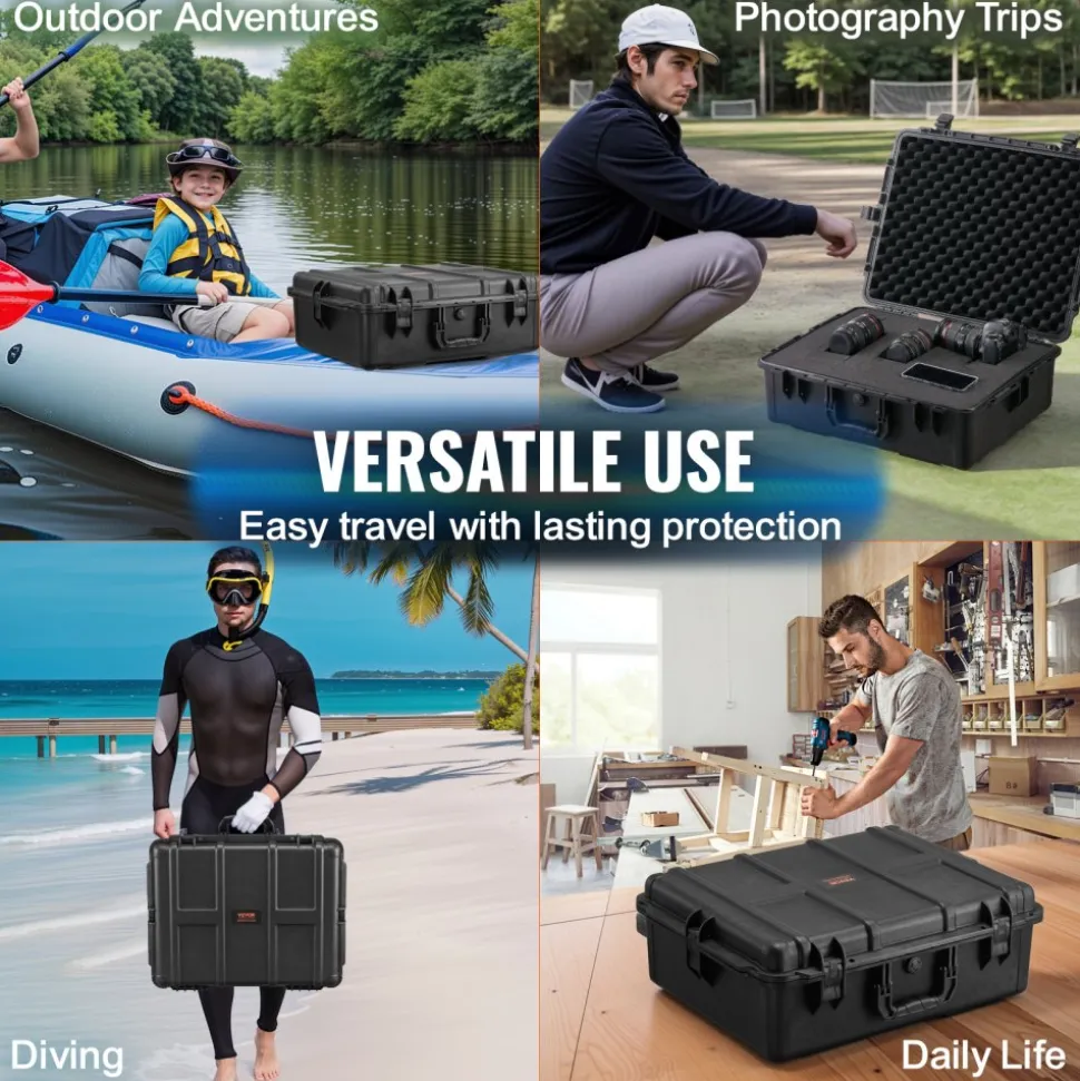 VEVOR Weatherproof Hard Case, Heavy Duty Protective Dry Box Case with Pre-cut Foam, and Retractable Pull Handles for Travel, Hunting, Military, Tactical, IP67 Waterproof Case for Cameras (56.1x37x26)