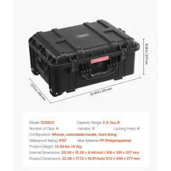 VEVOR Weatherproof Hard Case, Heavy Duty Protective Dry Box Case with Pre-Cut Foam, Wheels & Retractable Pull Handles for Travel, Hunt, Military, Tactical, IP67 Waterproof Case for Cameras(57x45x28)