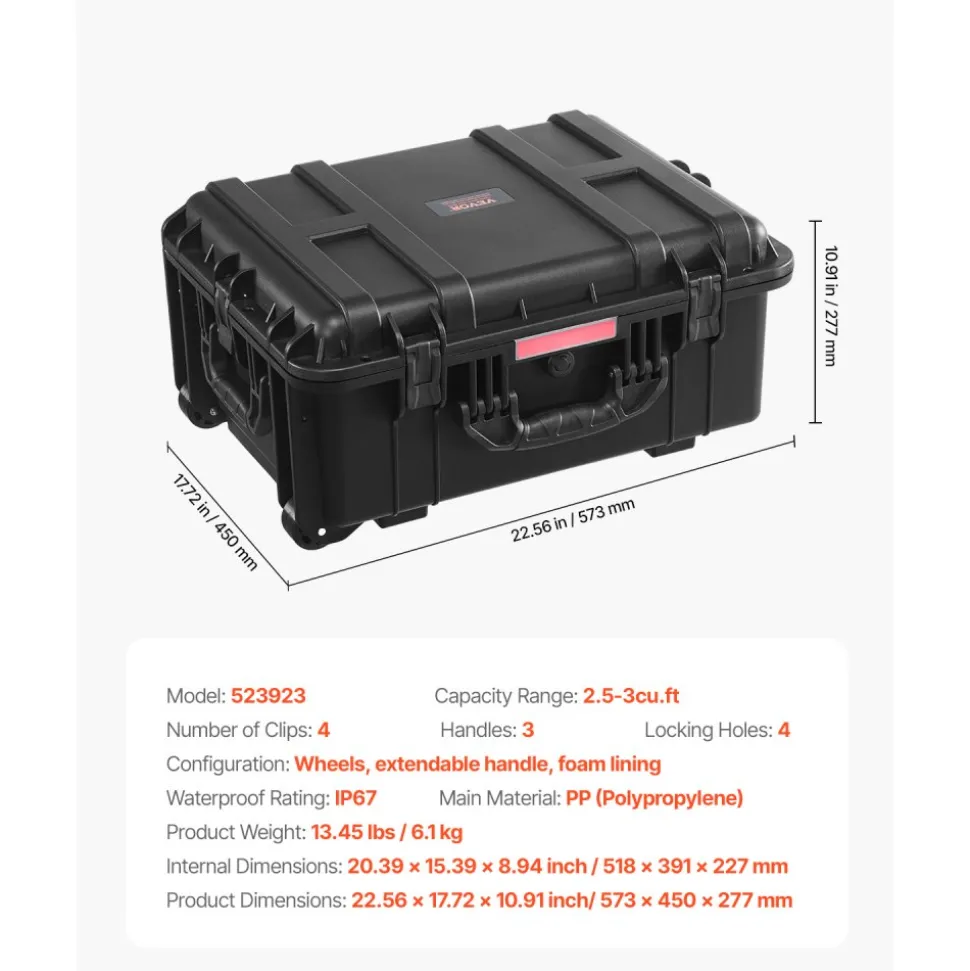 VEVOR Weatherproof Hard Case, Heavy Duty Protective Dry Box Case with Pre-Cut Foam, Wheels & Retractable Pull Handles for Travel, Hunt, Military, Tactical, IP67 Waterproof Case for Cameras(57x45x28)