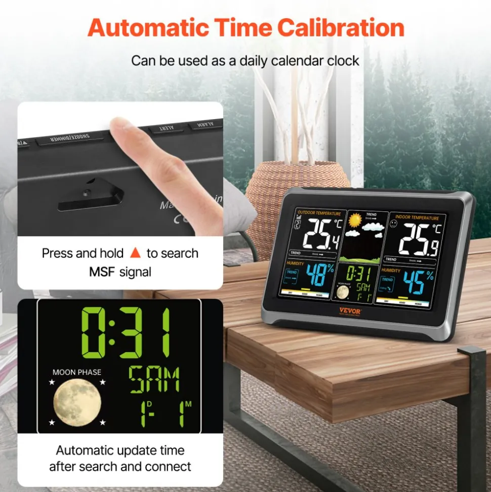 VEVOR Weather Station Indoor Outdoor, 7.5 in Color Display, Wireless Digital Home Weather Station, with Sensor Atomic Clock Adjustable Backlight Forecast Data Calendar Alarm Alert Temperature-NO WIFI