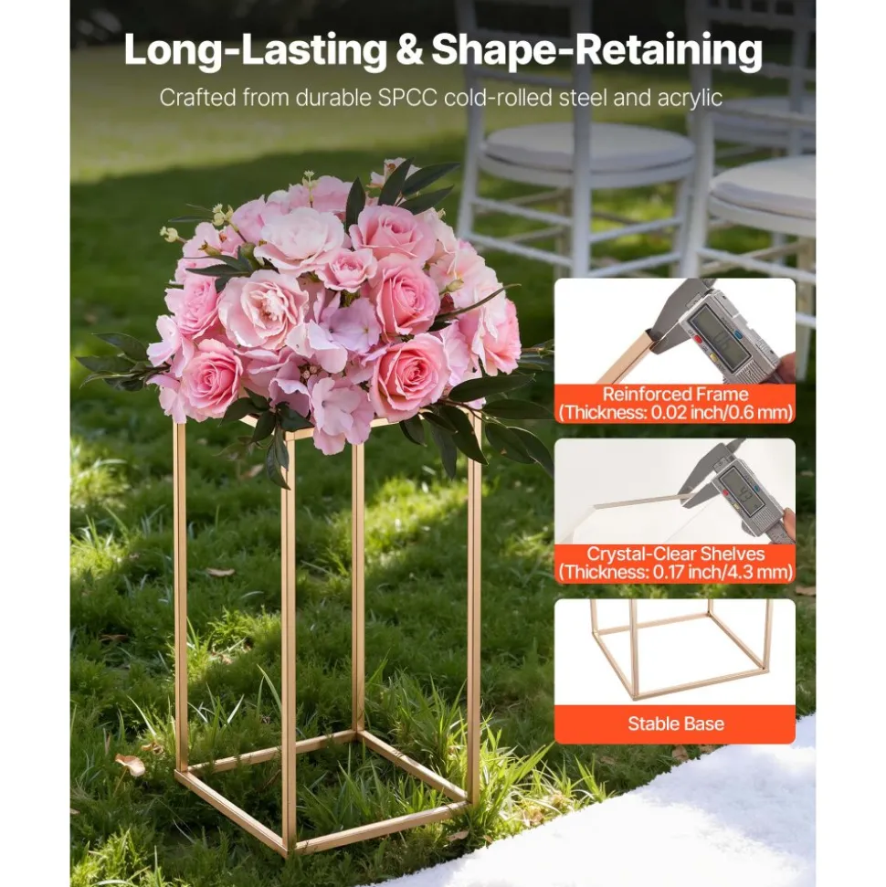 VEVOR Wedding Flower Stand, 10PCS 15.75-inch Column Flower Stand, Floral Stands with Acrylic Laminate, Gold Rectangular Floral Display Rack for Wedding, Party, Birthday, Home, Gold Centerpiece Stands