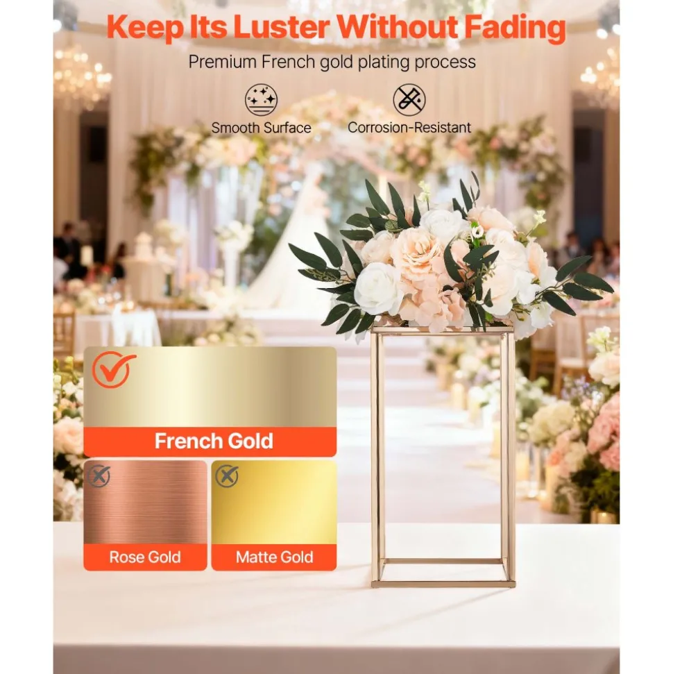 VEVOR Wedding Flower Stand, 10PCS 15.75-inch Column Flower Stand, Floral Stands with Acrylic Laminate, Gold Rectangular Floral Display Rack for Wedding, Party, Birthday, Home, Gold Centerpiece Stands
