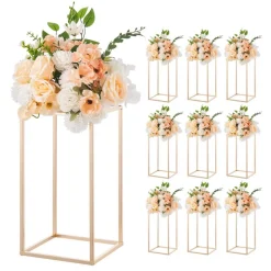 VEVOR Wedding Flower Stand, 10PCS 15.75-inch Column Flower Stand, Floral Stands with Acrylic Laminate, Gold Rectangular Floral Display Rack for Wedding, Party, Birthday, Home, Gold Centerpiece Stands