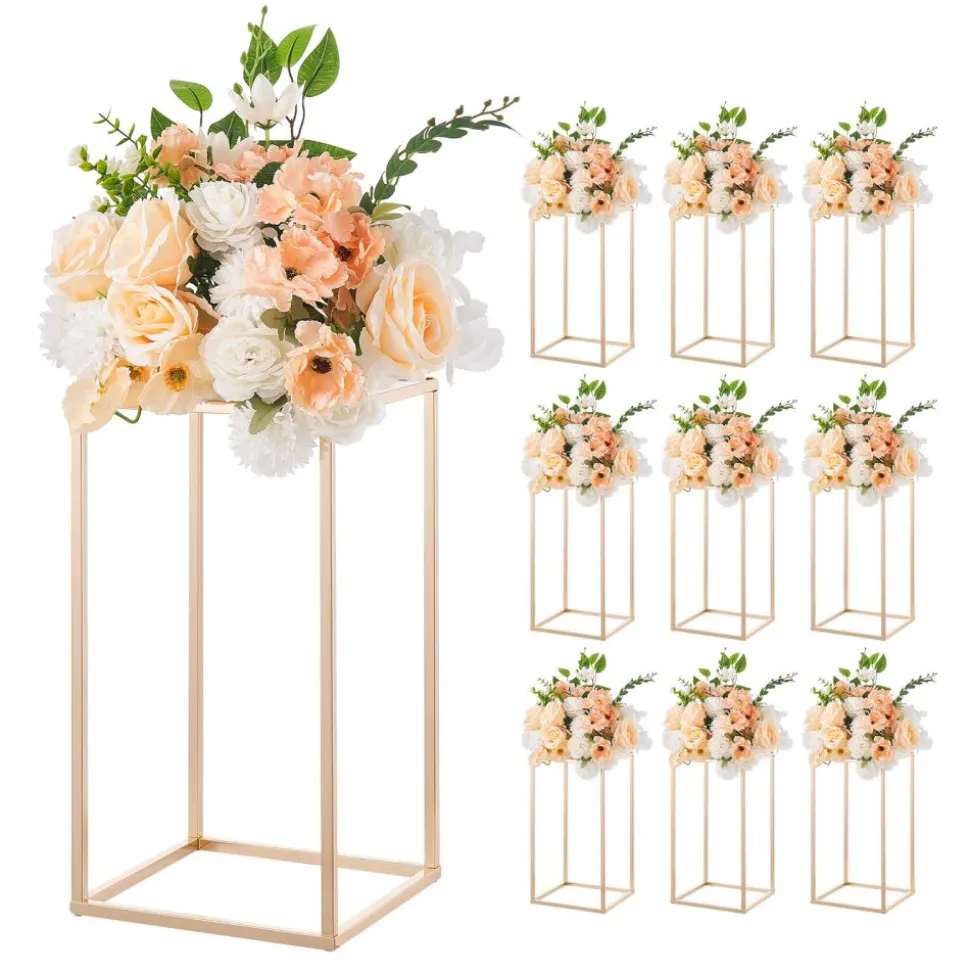 VEVOR Wedding Flower Stand, 10PCS 15.75-inch Column Flower Stand, Floral Stands with Acrylic Laminate, Gold Rectangular Floral Display Rack for Wedding, Party, Birthday, Home, Gold Centerpiece Stands