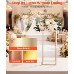 VEVOR Wedding Flower Stand, 10PCS 23.62-inch Column Flower Stand, Floral Stands with Acrylic Laminate, Rectangular Floral Display Rack for Wedding, Party, Birthday, Home, French Gold Stands