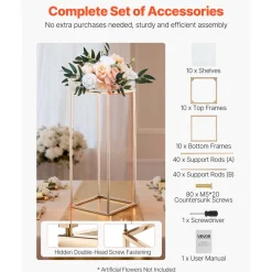 VEVOR Wedding Flower Stand, 10PCS 23.62-inch Column Flower Stand, Floral Stands with Acrylic Laminate, Rectangular Floral Display Rack for Wedding, Party, Birthday, Home, French Gold Stands