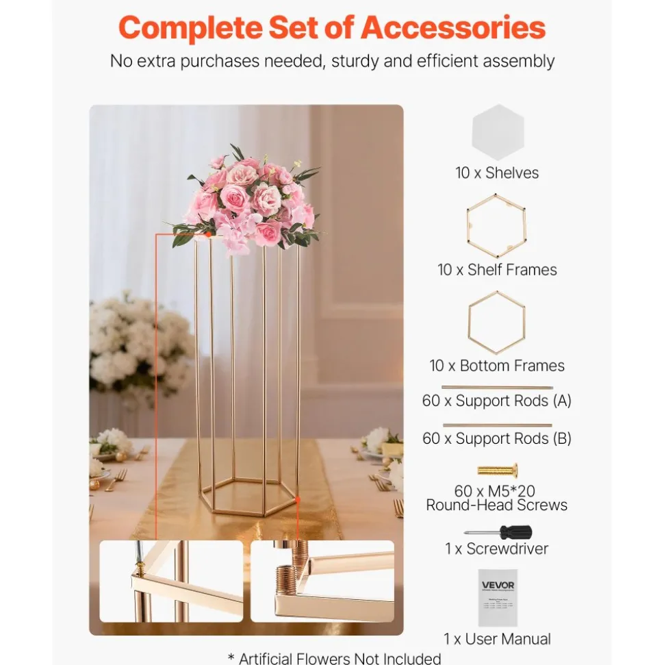 VEVOR Wedding Flower Stand, 10PCS 31.5-inch Column Flower Stand, Floral Stands with Hidden Screw, Rectangular Cubic Floral Display Rack for Wedding, Party, Birthday, Home, French Gold Stands