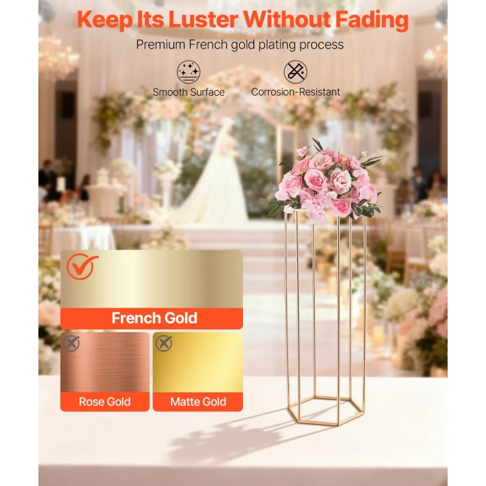VEVOR Wedding Flower Stand, 10PCS 31.5-inch Column Flower Stand, Floral Stands with Hidden Screw, Rectangular Cubic Floral Display Rack for Wedding, Party, Birthday, Home, French Gold Stands