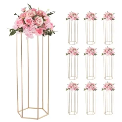 VEVOR Wedding Flower Stand, 10PCS 31.5-inch Column Flower Stand, Floral Stands with Hidden Screw, Rectangular Cubic Floral Display Rack for Wedding, Party, Birthday, Home, French Gold Stands