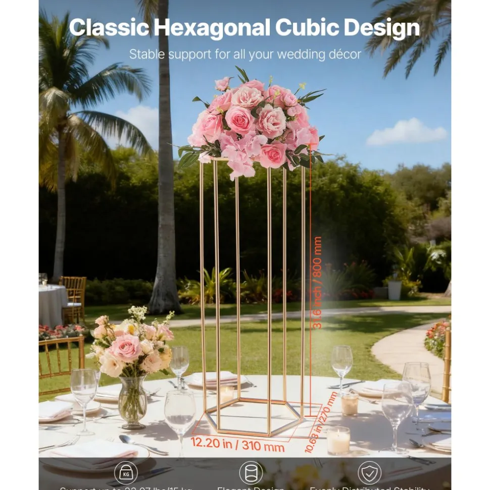 VEVOR Wedding Flower Stand, 10PCS 31.5-inch Column Flower Stand, Floral Stands with Hidden Screw, Rectangular Cubic Floral Display Rack for Wedding, Party, Birthday, Home, French Gold Stands