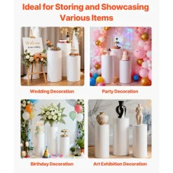 VEVOR Wedding Flower Stand, 3PCS 23.62/29.53/35.43 inch Round Cylinder Plinth, White Pedestal Stand with PVC Lid, Cylindrical Pedestal Stands for Wedding, Party, Birthday, Art Decor, 33.07 lbs Load