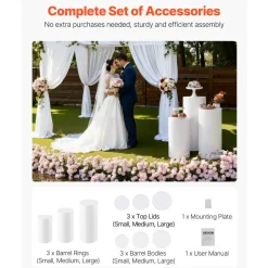 VEVOR Wedding Flower Stand, 3PCS 23.62/29.53/35.43 inch Round Cylinder Plinth, White Pedestal Stand with PVC Lid, Cylindrical Pedestal Stands for Wedding, Party, Birthday, Art Decor, 33.07 lbs Load