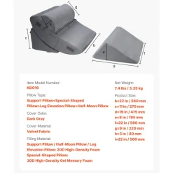 VEVOR Wedge Pillow for Sleeping, 4 Pcs Adjustable Orthopedic Bed Wedge Set, Support Leg Neck Shoulder, Post Surgery Pillow for Back Pain, Acid Reflux, Snoring Relief, Sitting up in Bed, Dark Grey