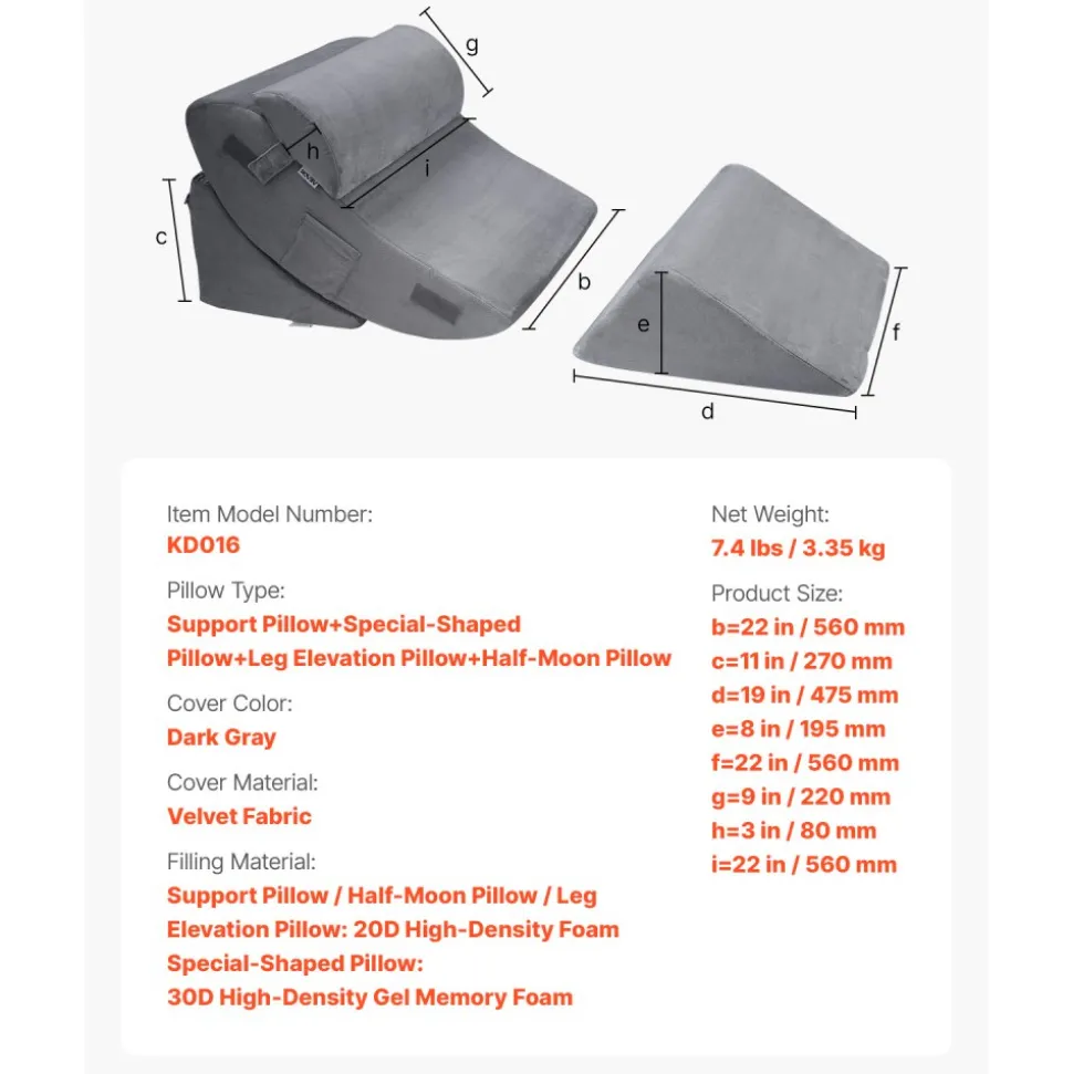 VEVOR Wedge Pillow for Sleeping, 4 Pcs Adjustable Orthopedic Bed Wedge Set, Support Leg Neck Shoulder, Post Surgery Pillow for Back Pain, Acid Reflux, Snoring Relief, Sitting up in Bed, Dark Grey