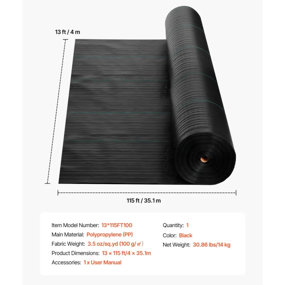 VEVOR Weed Barrier Fabric Heavy Duty, 13x115FT 3.5oz Landscape Fabric, Woven Weed Blocker Fabrics, Garden Fabrics Weeds Barrier, Weeds Control Ground Cover, Geotextile Webbing, Gardening Mat, Black